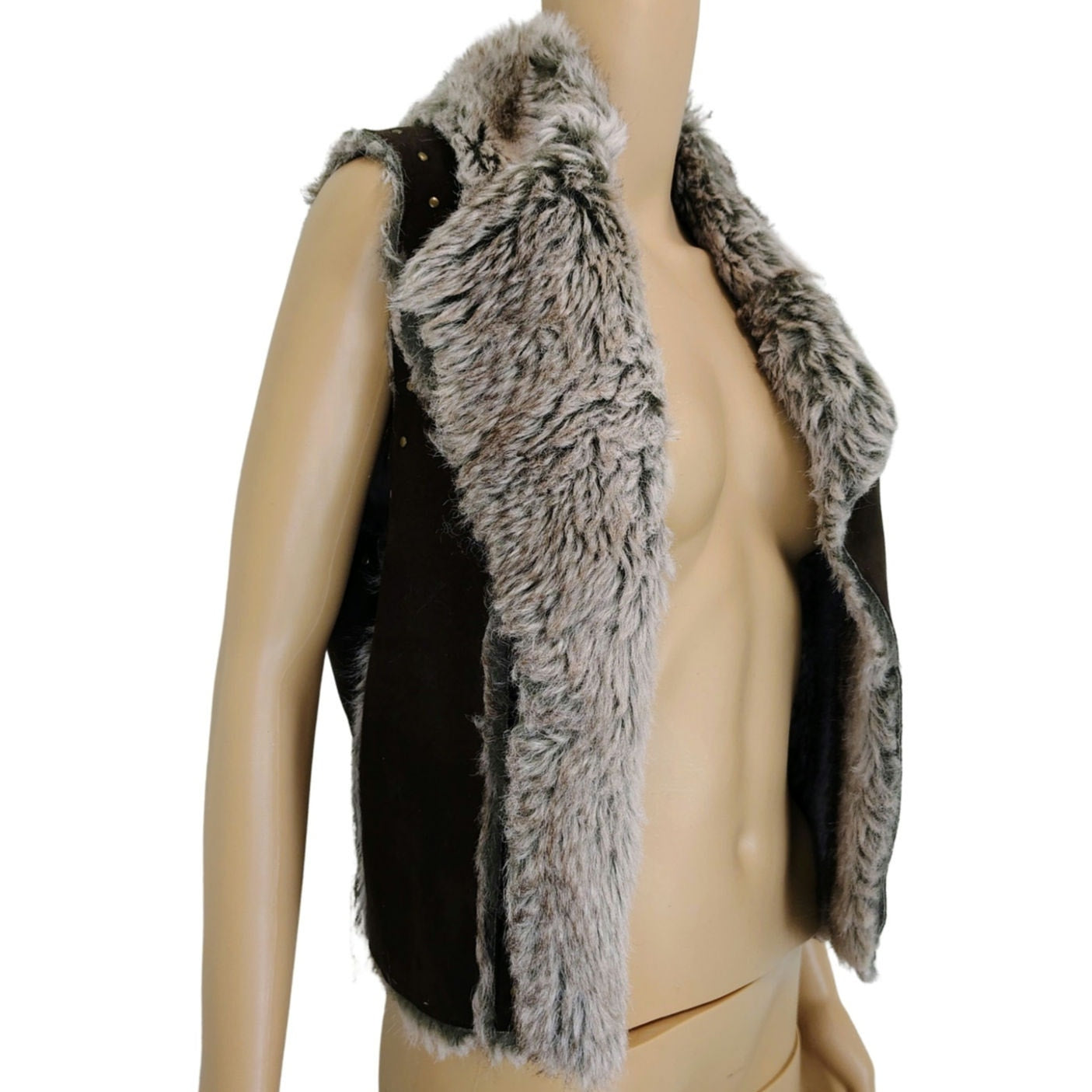 Faux Fur Mocha Brown Vegan Leather Lined Patchwork Studded Vest Size Large