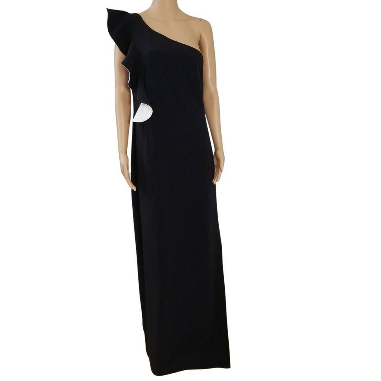 Black Prom Maxi One Sleeve Ruffle Sash High Split Formal Dress Sz Large HALSTON