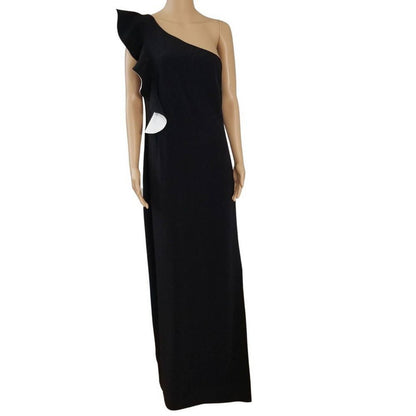 Black Prom Maxi One Sleeve Ruffle Sash High Split Formal Dress Sz Large HALSTON