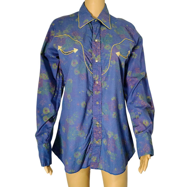 1980s Purple Floral Metallic Gold Western Pearl Snap Button Shirt H Bar C Size 15.5 [Vintage]