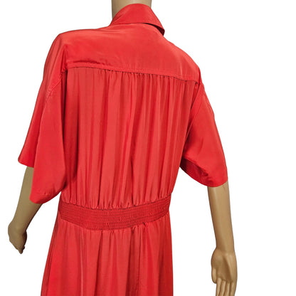 1990s Raoul Tomatoe Red Ruched Waist Short Sleeve Button Up Collar Dress Size 8