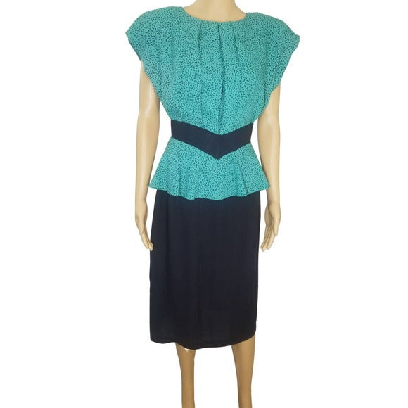 1980s Green Black Midi Peplum Dress Shoulder Pads  Short Sleeve Size 9 [vintage]