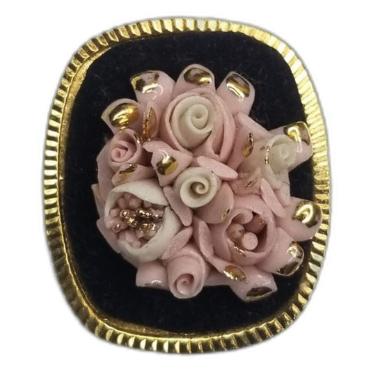 1980s Vintage Porcelain Roses Hand Painted Brooch Pin Porcelana Mercedes