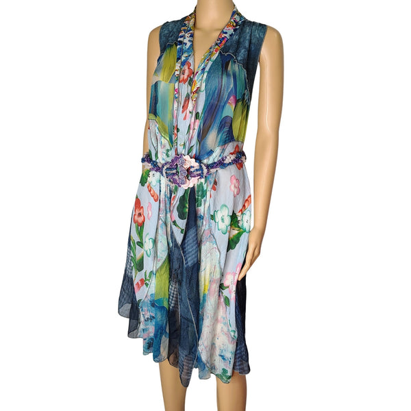 Blue Multi-color Floral Print Sheer Patchwork Open Front Long Flowy Vest Size M