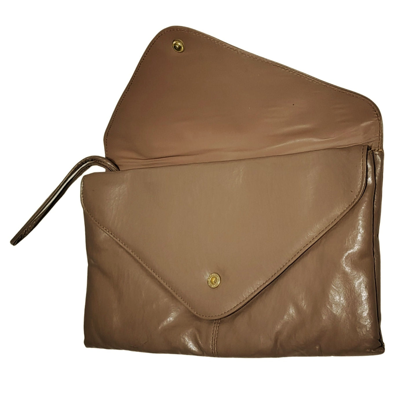 1970s Maxi Clutch Taupe Two Pockets Two Fold Over Closures Wristlet [Vintage]