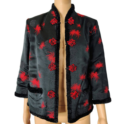 1970s Red Black Reversible Chinese Embroidered Fur Evening Jacket Size Small [Vintage]