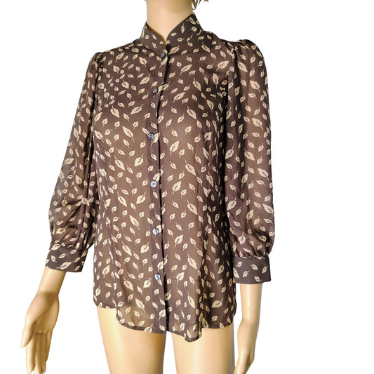 Banana Republic Brown Leaf Print Top Button Up Shirt 3/4 Sleeve Blouse Size Med