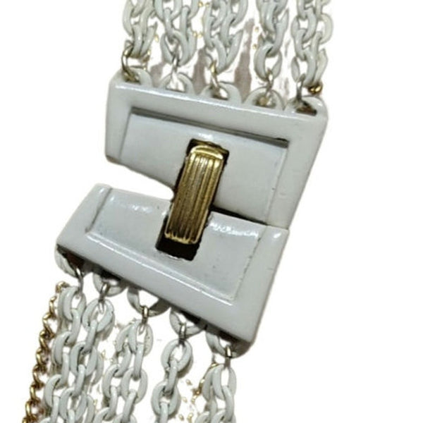 Crown Trifari 15 Strand Gold White Chain Multi Strand Necklace Foldover Clasp