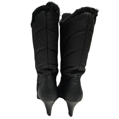 1980s Black Waterproof Rainboots 3 Inch Pump Heel Narrow Faux Fur Lining Size 7