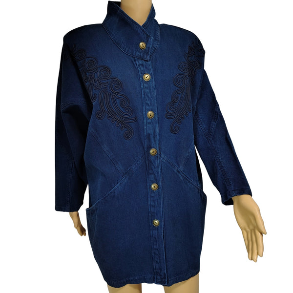 1990s Pado California Indigo Blue Denim Jean Jacket Dolman Sleeves Embroidered [Vintage]