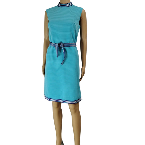 1970s Supreme Turquoise Blue Striped Texture Sleeveless High Neck Dress Size Medium [Vintage]