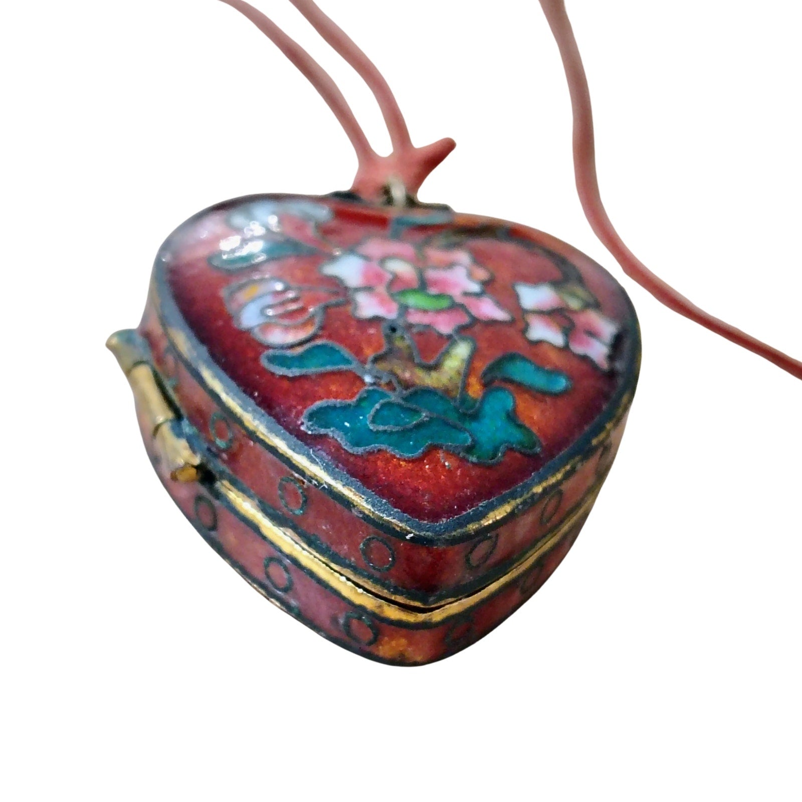1900s Cloisonne Enamel Red Floral Heart Trinket Locket Pendant Necklace Red Cord [Antique]