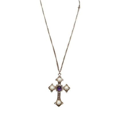 70s Vintage Sarah Coventry Silver Cross Pendant Necklace Amethyst Faux Pearls