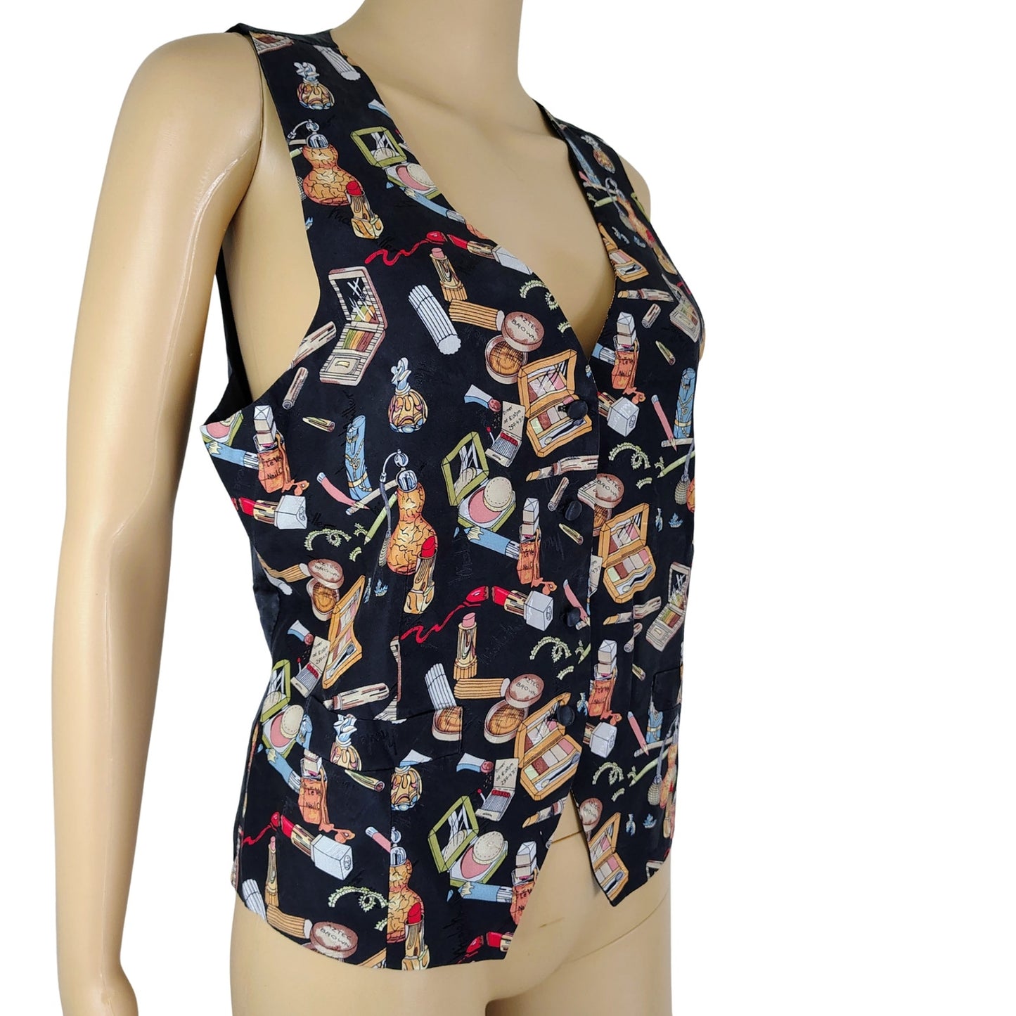 90s 100% Silk Nicole Miller Quirky Makeup Design Adjustable Vest Size Large [Vintage]