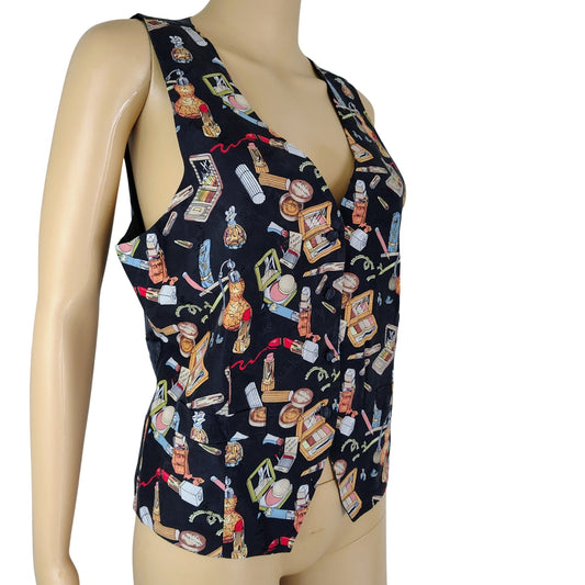 90s 100% Silk Nicole Miller Quirky Makeup Design Adjustable Vest Size Large [Vintage]