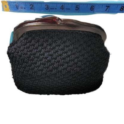 1960s Small Crocheted Navy Blue Handbag ADG Lucite Kiss Closure Top Frame Lined