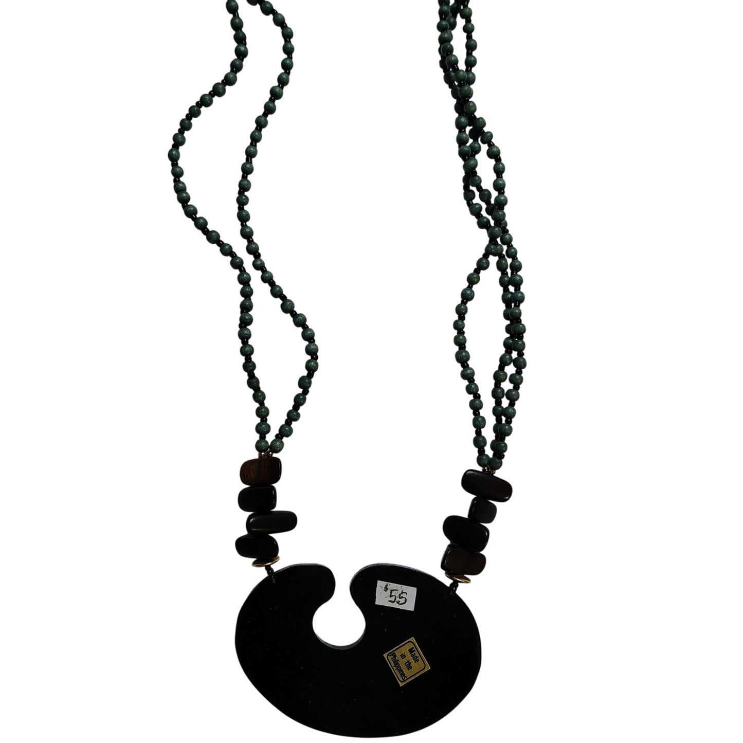 Vintage Blue Black Inlay Shell Beaded Lacquered Necklace Adjustable Chain Link
