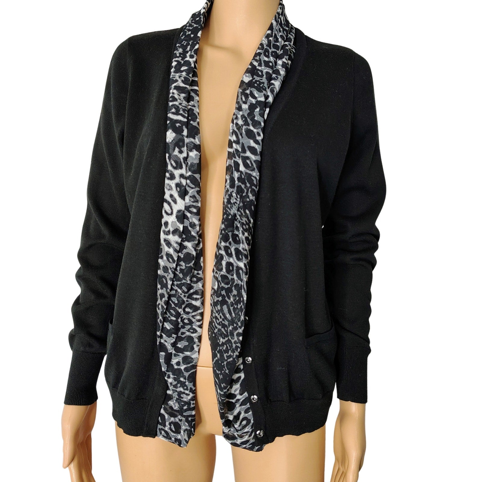 Tahari 100% Cotton Black Leopard Trim Button Front Cardigan Size Medium Petite