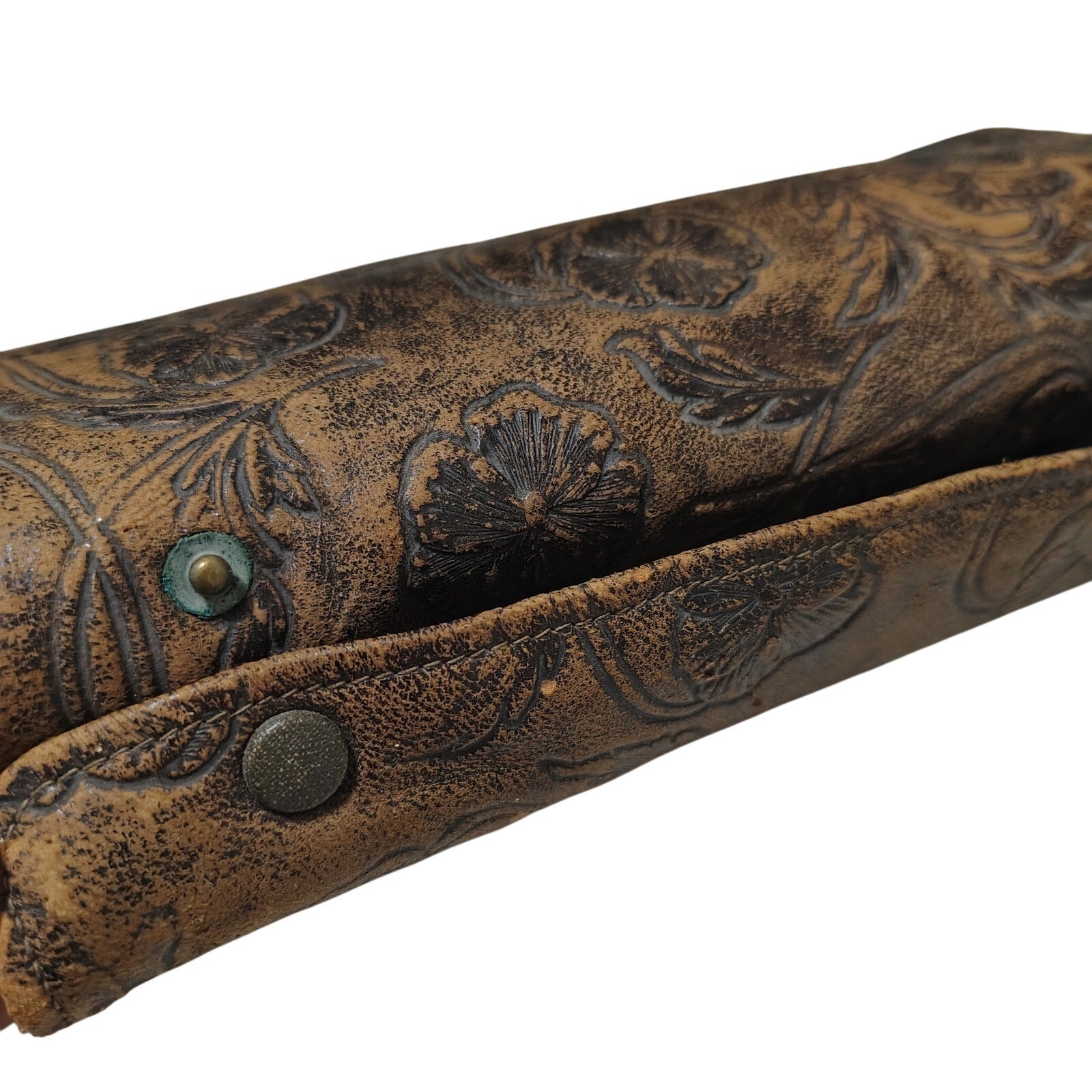 1900-1920 Tooled Leather Floral Celluloid 11 Pc Manicure Set Travel Case [Antique]