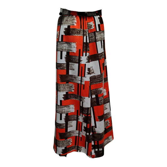 1960s Belted Orange Brown Faux Patchwork Maxi Skirt 14 In Waist Size Small [Vintage]