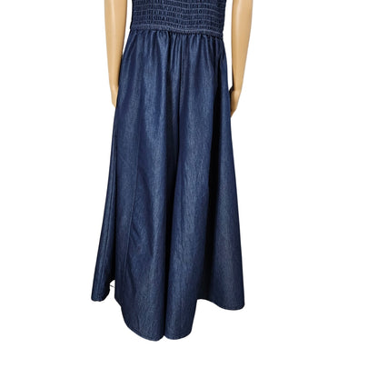 Jean Shirred Racerback Elephant Extra Wide Leg Blue Denim Romper V Neck Size XL