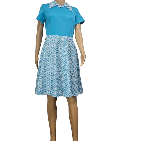 1960s Blue Print Fold Down Collar Short Sleeve Retro A Line Dress Size 14 [Vintage]