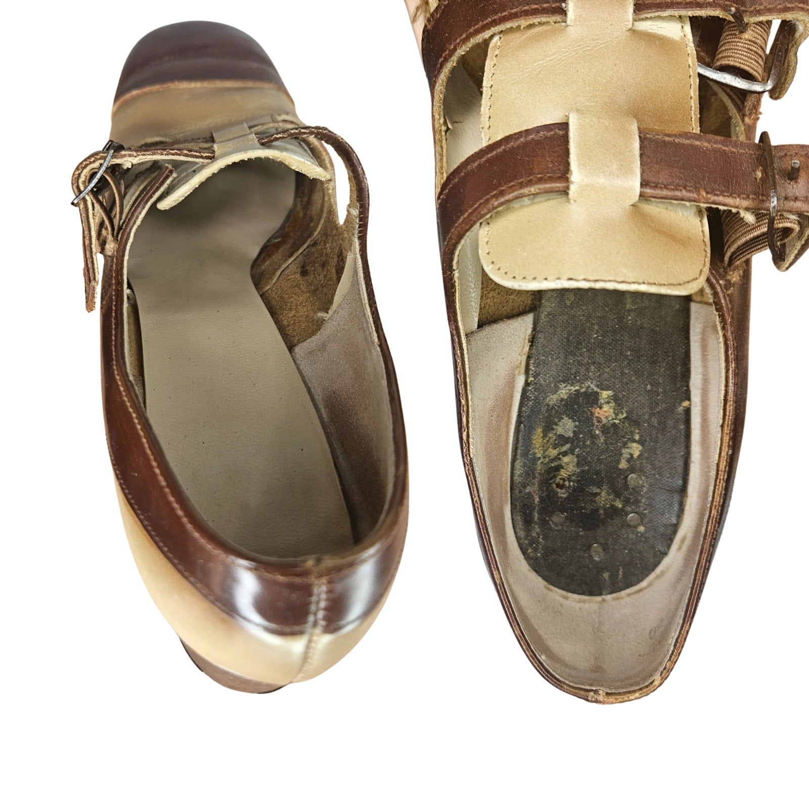 1930s Two-Tone Double-Strap Leather Mary Jane Round Closed Toe Block Heel Shoes [Antique]