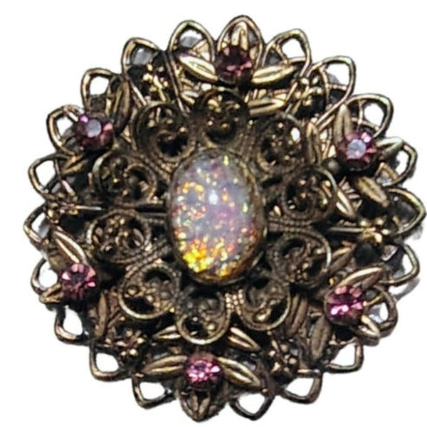 50s Mid Century Vintage  Pink Opalescent Connfetti Aurora Borealis Gold Brooch [vintage]