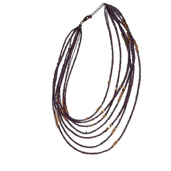 VINTAGE Seven Strand Layered Statement Necklace Purple + Square Copper Beads