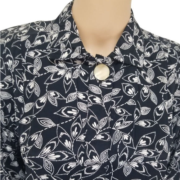 1980s Liz Claiborne Petite Black Long Sleeve Floral Shirt Dress Size 8P [VINTAGE]