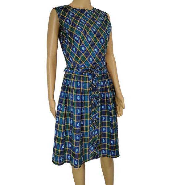 Belted Blue Green Plaid Vintage Handmade Pleated Ribbon Tie Midi Dress Size Small [Vintage]