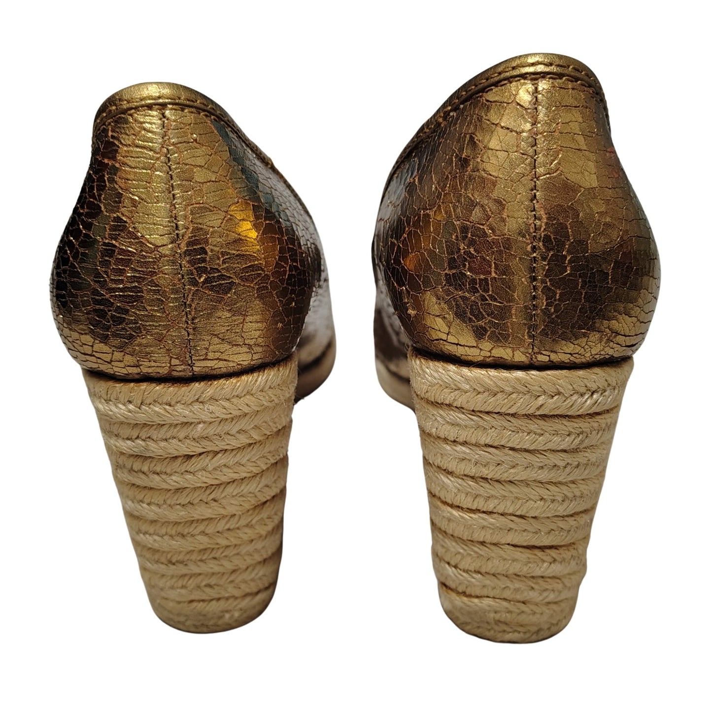 1980s Coach Bronze Crackle Leather Jute Wedge Hee Ireland Bow Espadrille Size 7 [Vintage]