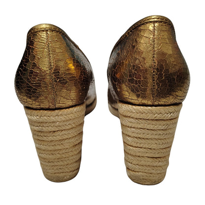 1980s Coach Bronze Crackle Leather Jute Wedge Hee Ireland Bow Espadrille Size 7 [Vintage]