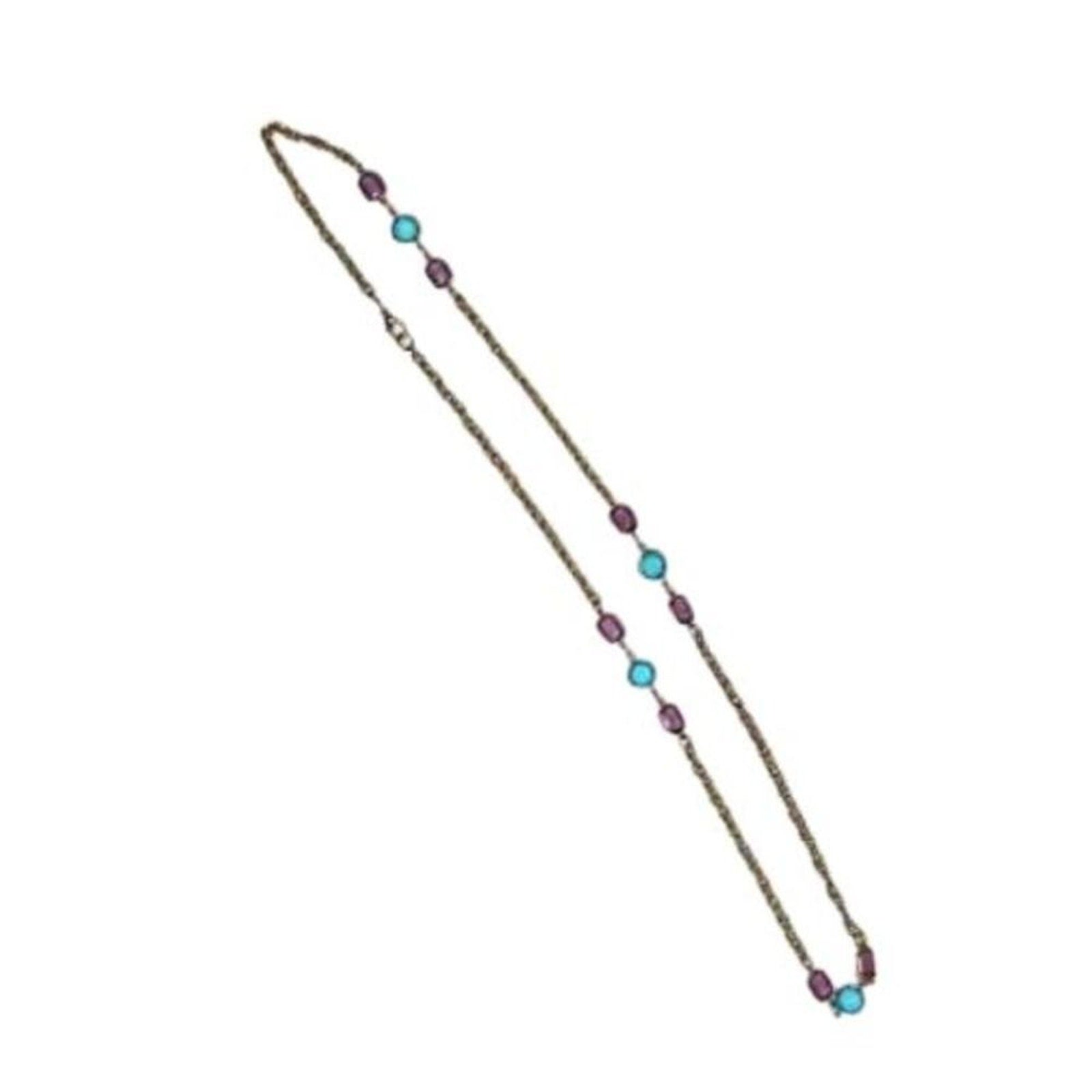 Blue Purple Gold Plated Glass Beads Chain Link 30" Long Costume Jewelry [VINTAGE]