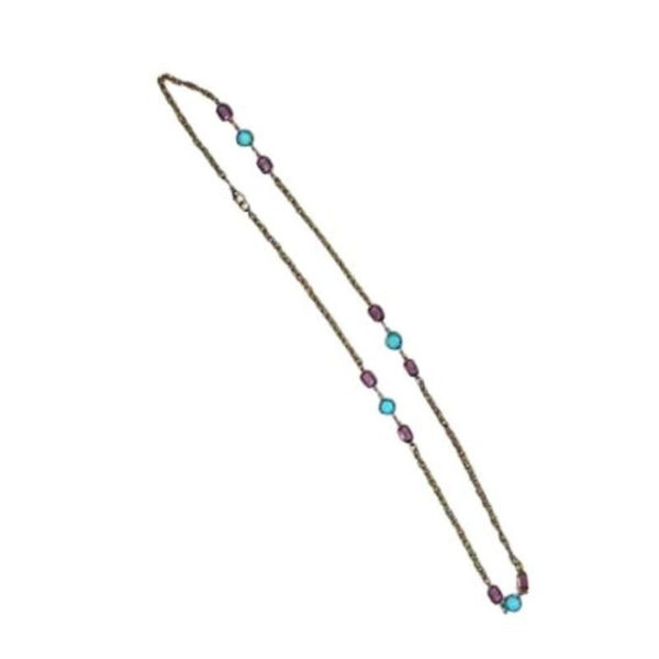 Blue Purple Gold Plated Glass Beads Chain Link 30" Long Costume Jewelry [VINTAGE]