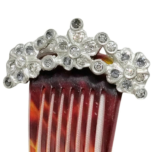 1920s Tortoise Shell Celluloid Metal Gemstone Flower Adorned Hair Comb [Vintage]