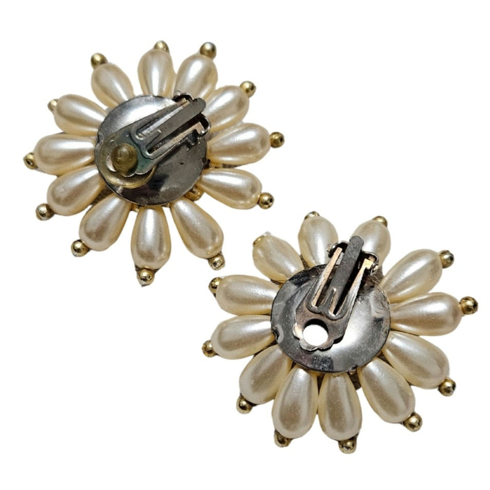 1960s Faux Pearl Cluster Huge Flower Clip-On Earrings with Gold Metal Details [Vintage]