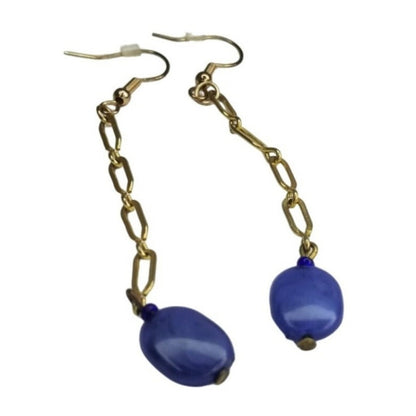 Blue Long Dangling Reclaimed Blue Stones Gold Tone Earrings [HAND CRAFTED]