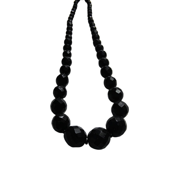 Black Beveled Glass Beaded Vintage Single Strand Necklace Spring Clasp Closurep