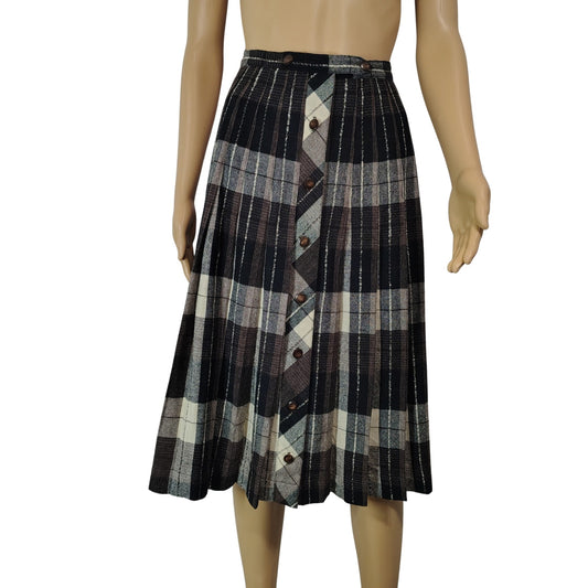 1960s Pleated Brown Plaid Reversible Button Up A Line Skirt Size XS [Vintage]