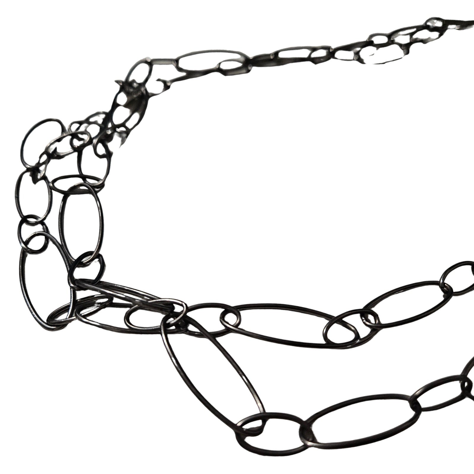1950s MCM Gun Metal Thin Opera Length Long Open Silver Chain Link Necklace [Vintage]