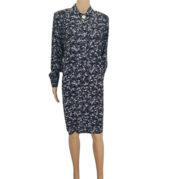 1980s Liz Claiborne Petite Black Long Sleeve Floral Shirt Dress Size 8P [VINTAGE]