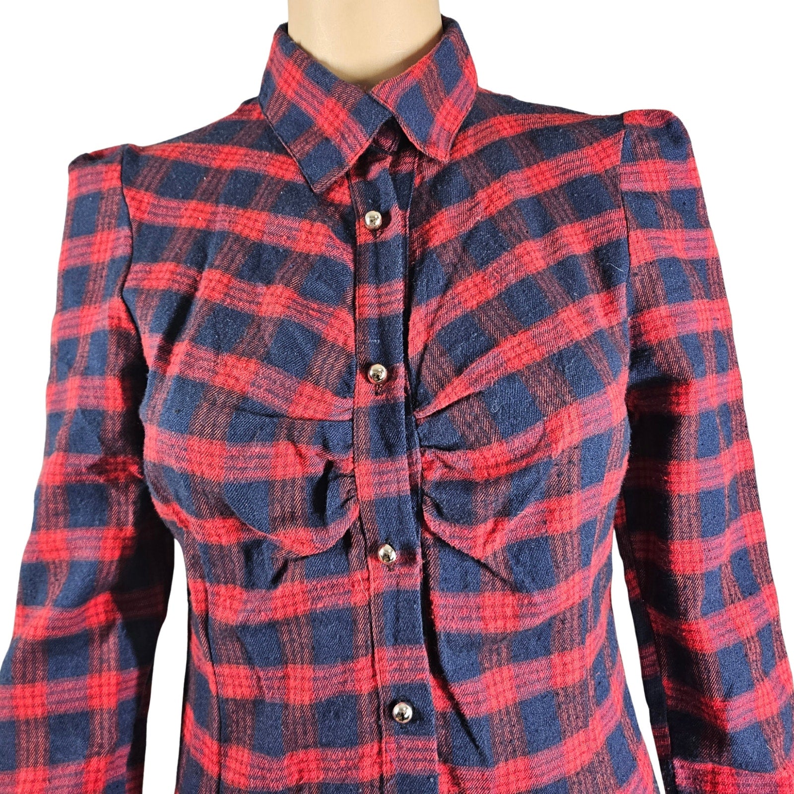 Red Blue Plaid Long Sleeve Button Up Shirt Mini Dress With Circle Skirt Size XS