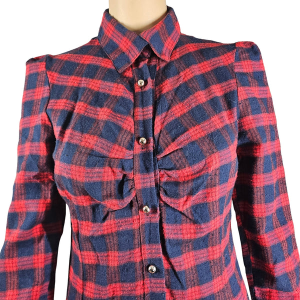 Red Blue Plaid Long Sleeve Button Up Shirt Mini Dress With Circle Skirt Size XS