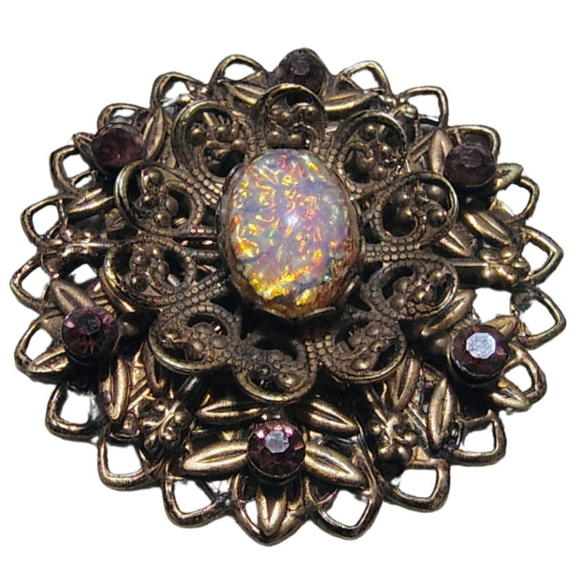 50s Mid Century Vintage  Pink Opalescent Connfetti Aurora Borealis Gold Brooch [vintage]