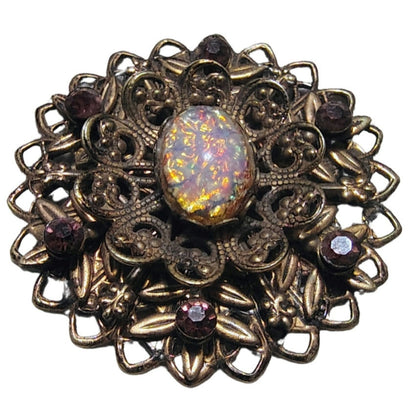 50s Mid Century Vintage  Pink Opalescent Connfetti Aurora Borealis Gold Brooch [vintage]