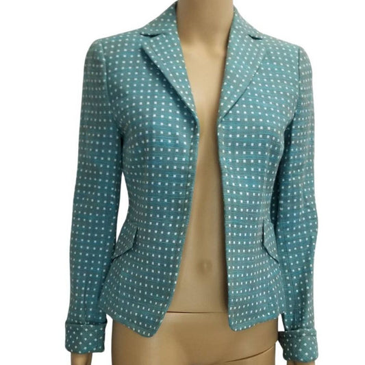 AKRIS punto Bergdorf Goodman Aquamarine Blue White Blazer Open Front Size 4