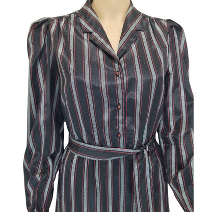1980s Striped Metallic Long Sleeve Midi Dress Button Up Belted Vintage Size 7/8
