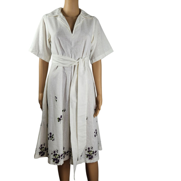 1970s Cream Cardessa Midi Fit Flare Short Sleeve Vneck Pullover Belted Dress Size Small [Vintage]