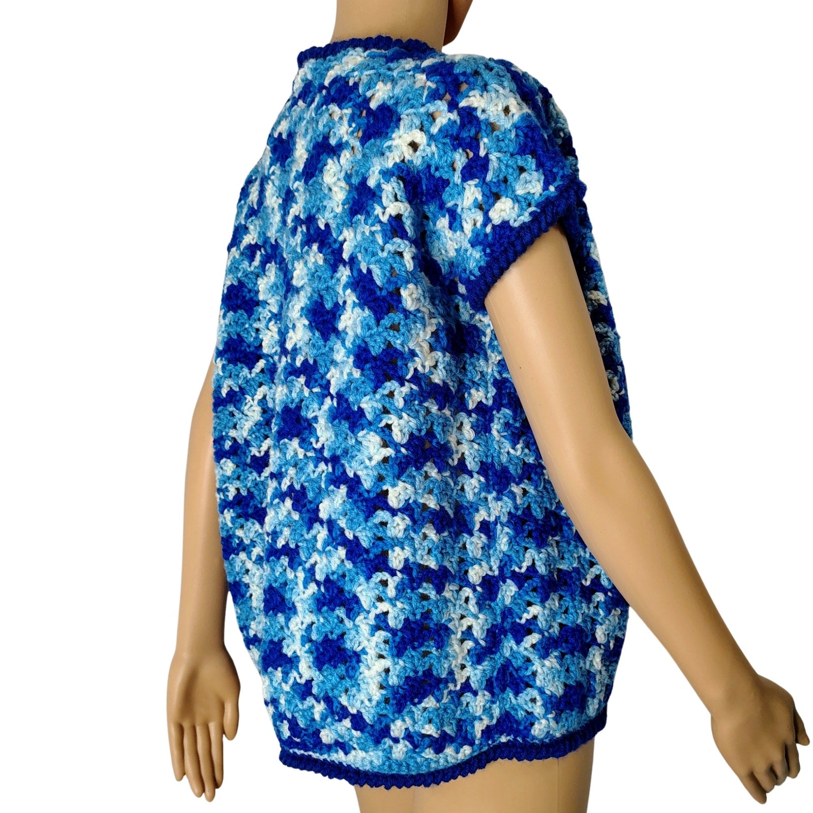 1970s Blue White Crochet Knit Cap Sleeves Tie Up Cardigan Sweater Size Large [Vintage]